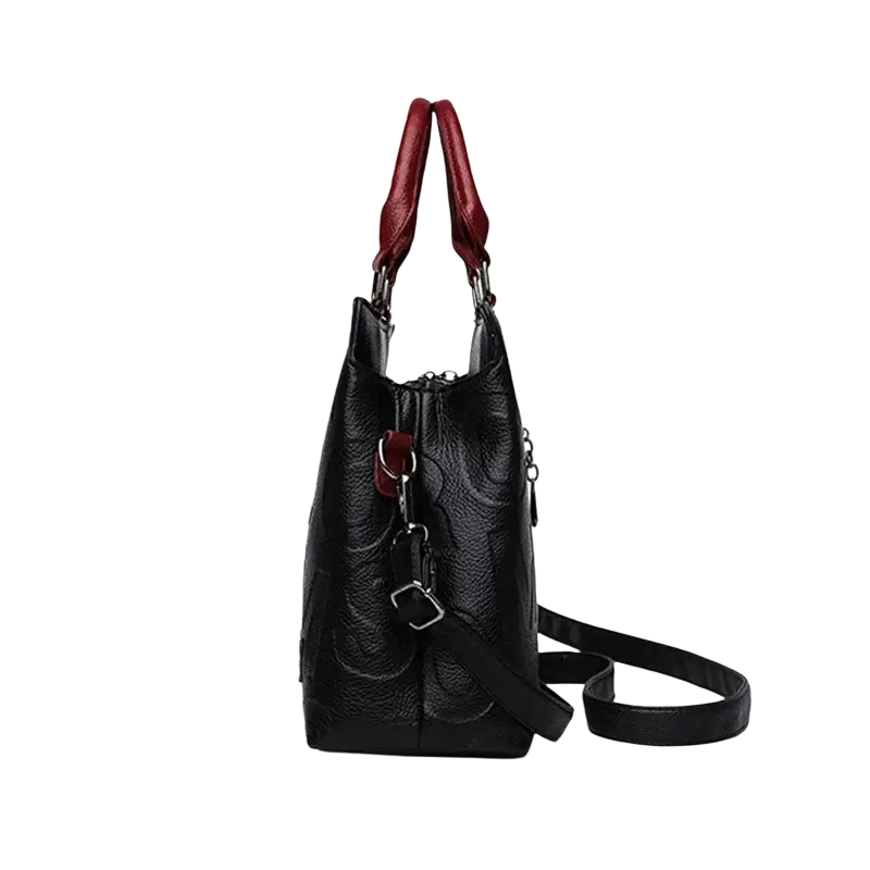Black crossbody handbag style1 style2 in textured pu leather with red handles and detachable shoulder strap satchel style1 style2
