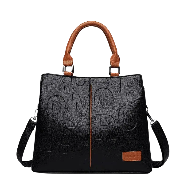 Black crossbody handbag style1 style2 in textured pu leather with embossed lettering and tan leather handles and straps