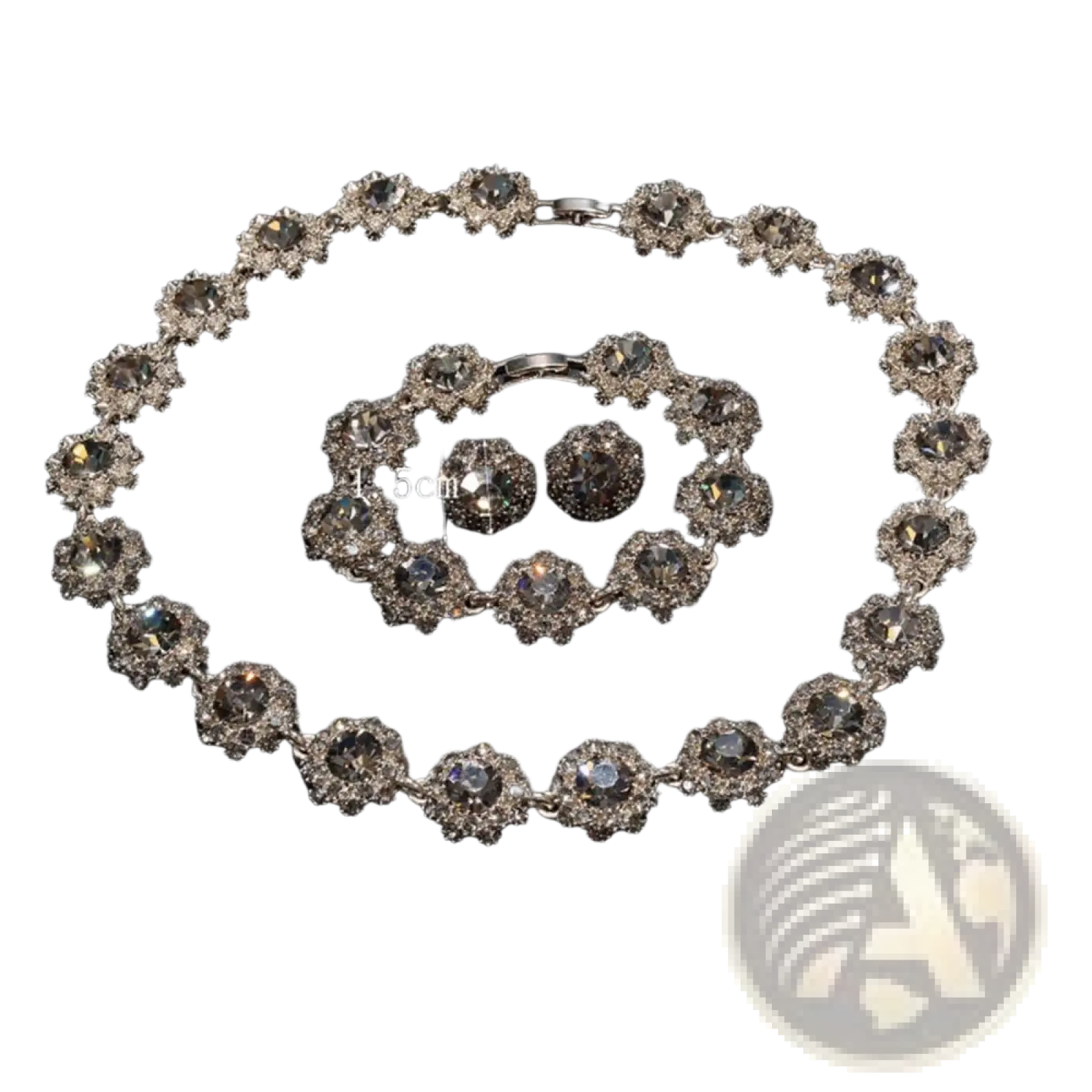 Silver-toned black crystal jewelry set with necklace bracelet and earrings featuring clear floral cluster crystals