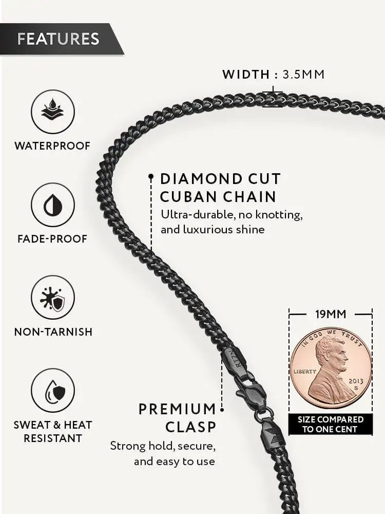 Black diamond cut Cuban link chain necklace in stainless steel with a premium clasp for secure wear