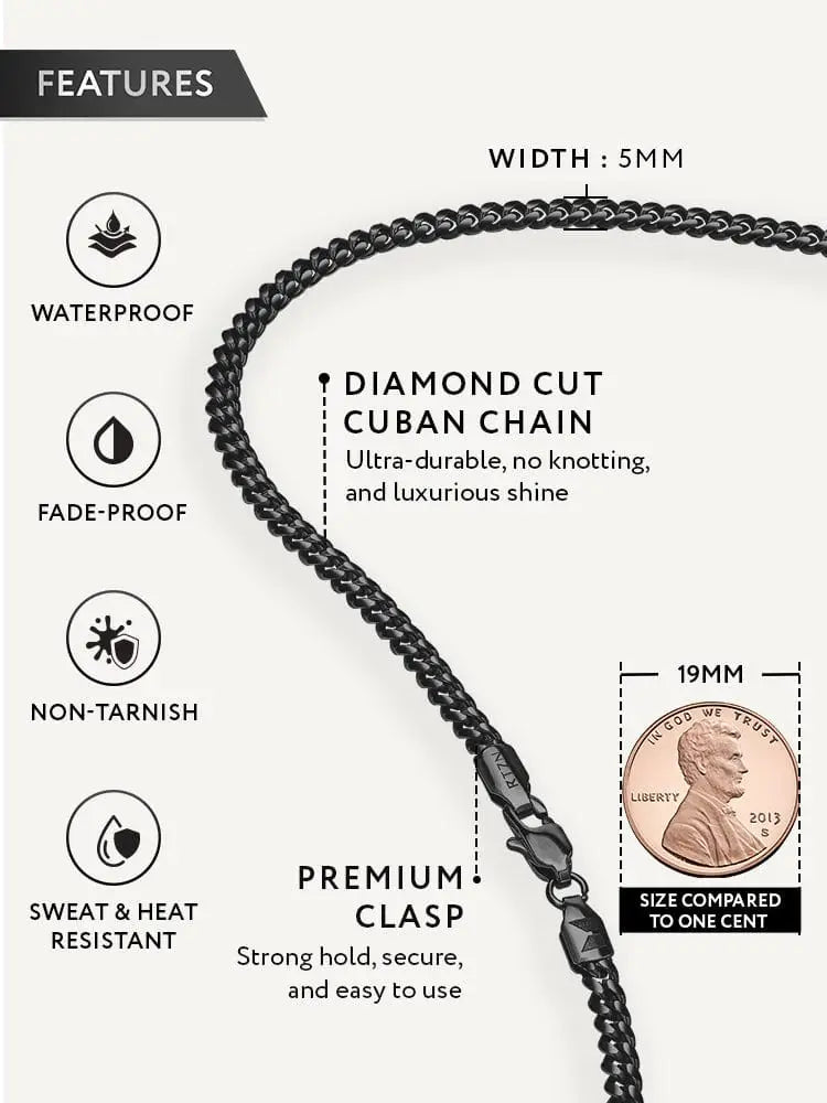 5mm black diamond cut stainless steel cuban link chain necklace with a premium clasp displayed from the back side