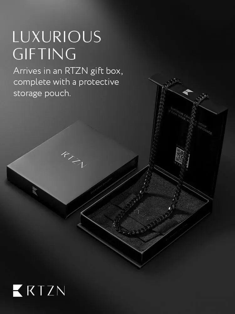 5mm black diamond cut stainless steel Cuban link chain displayed in a sleek rtzn gift box