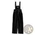 Black denim overalls straight leg jumpsuit featuring white stitching and a front pocket in durable denim fabric