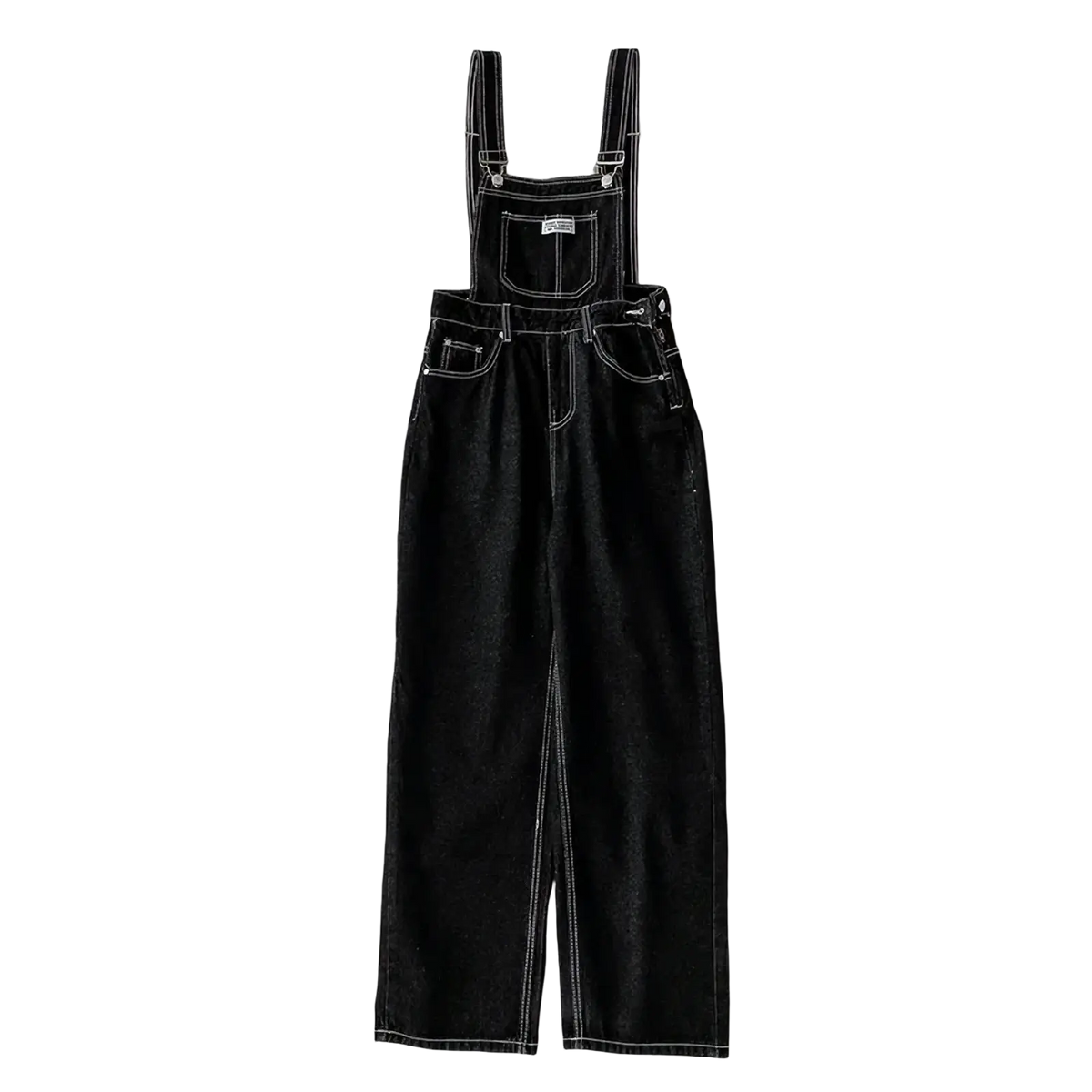 Black denim overalls straight leg jumpsuit with white stitching and a front pocket made of durable denim fabric