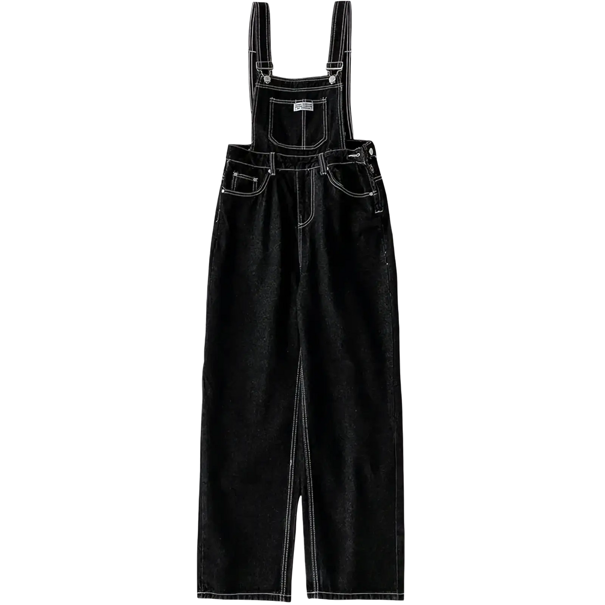 Black denim overalls straight leg jumpsuit with white stitching and adjustable straps made of denim material