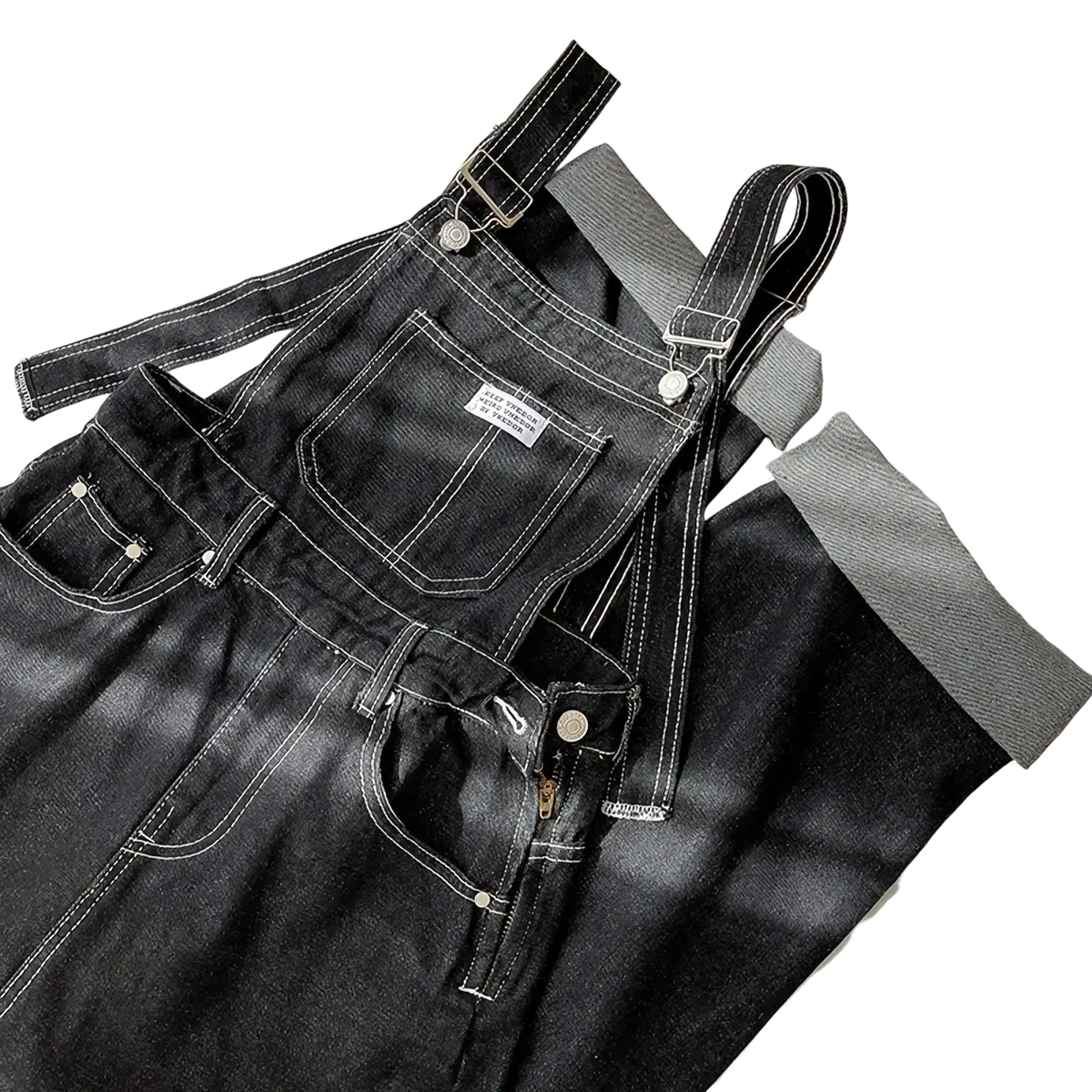 Black denim overalls straight leg jumpsuit with white stitching and silver toned metal hardware