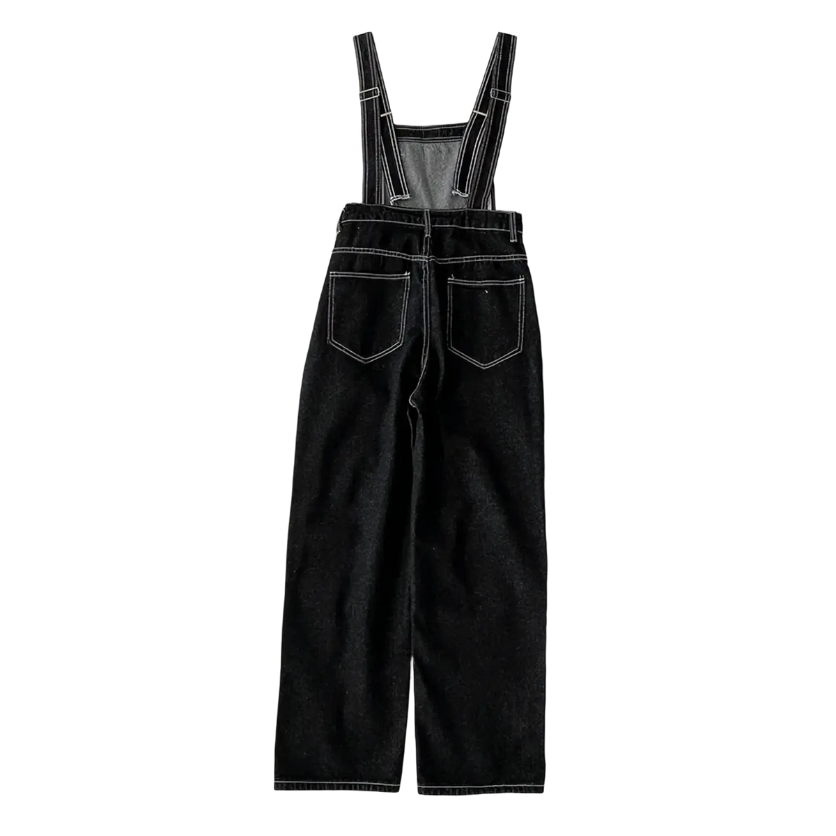 Black denim overalls straight leg jumpsuit with white stitching and adjustable straps in front view