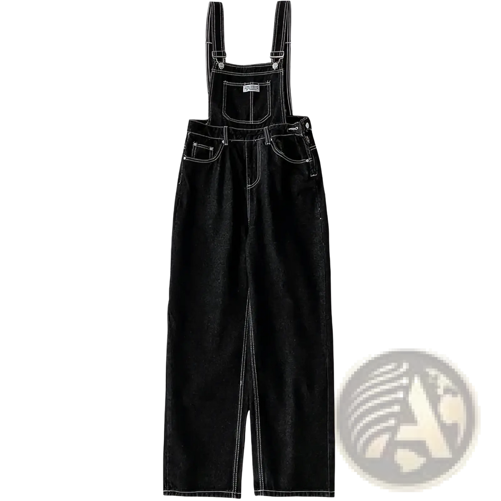 Black denim overalls straight leg jumpsuit with white stitching and adjustable straps made of denim material