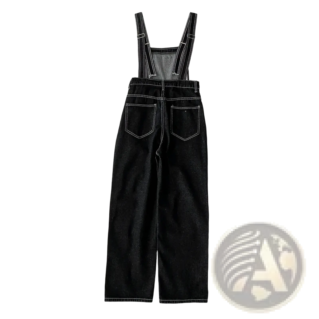 Black denim overalls straight leg jumpsuit with white stitching and adjustable straps in front view