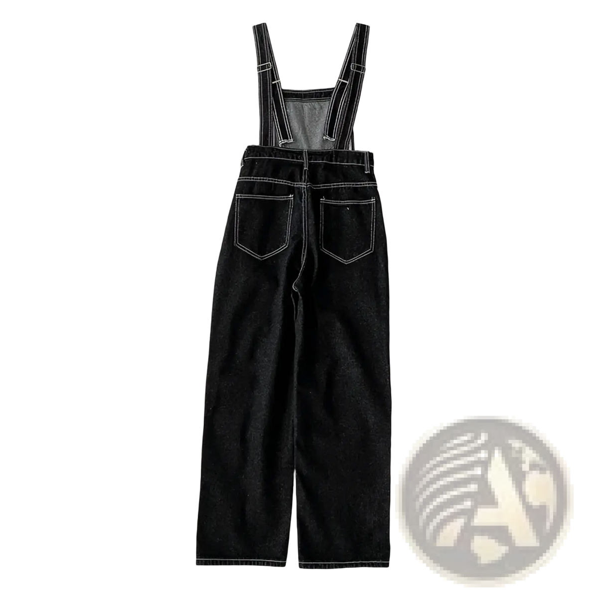 Black denim overalls straight leg jumpsuit with white stitching and adjustable straps in front view