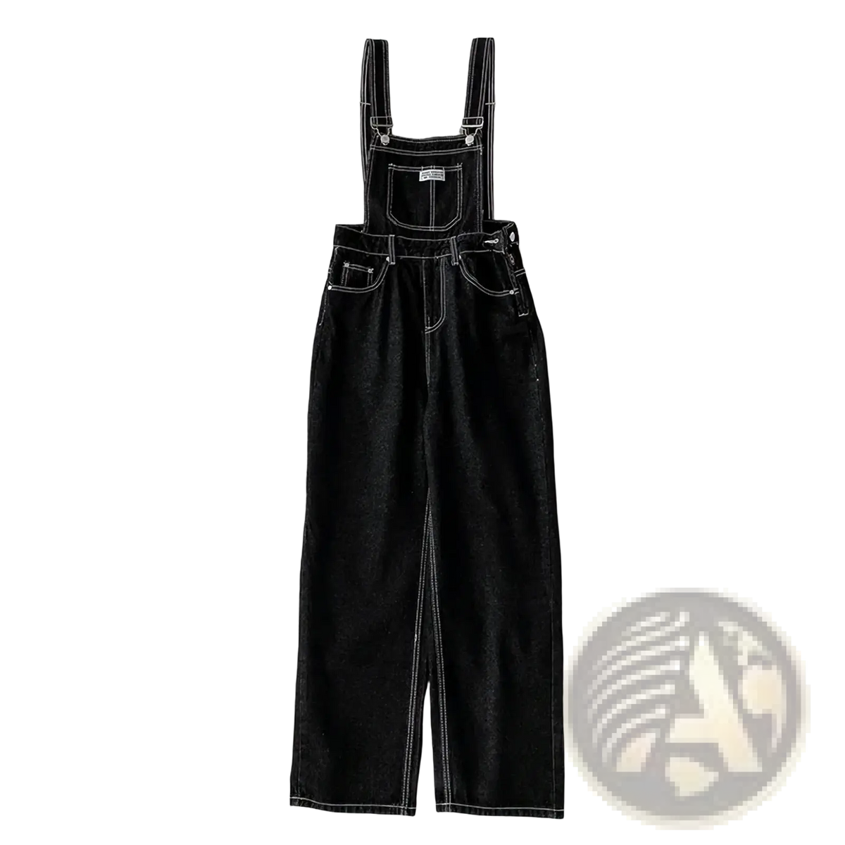 Black denim overalls straight leg jumpsuit with white stitching and a front pocket made of durable denim fabric