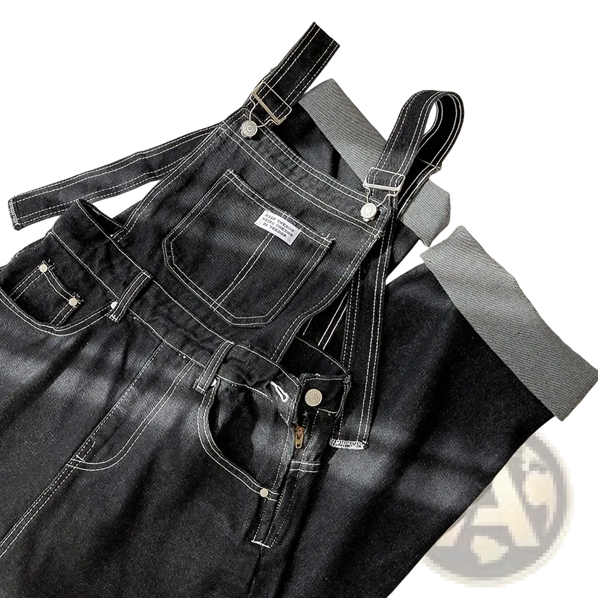 Black denim overalls straight leg jumpsuit with white stitching and silver toned metal hardware