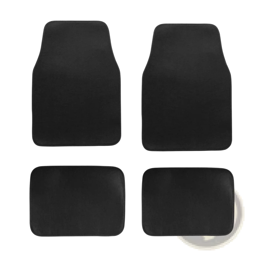 Set of four black diamond car floor mats with labeled dimensions for front and rear passenger sides