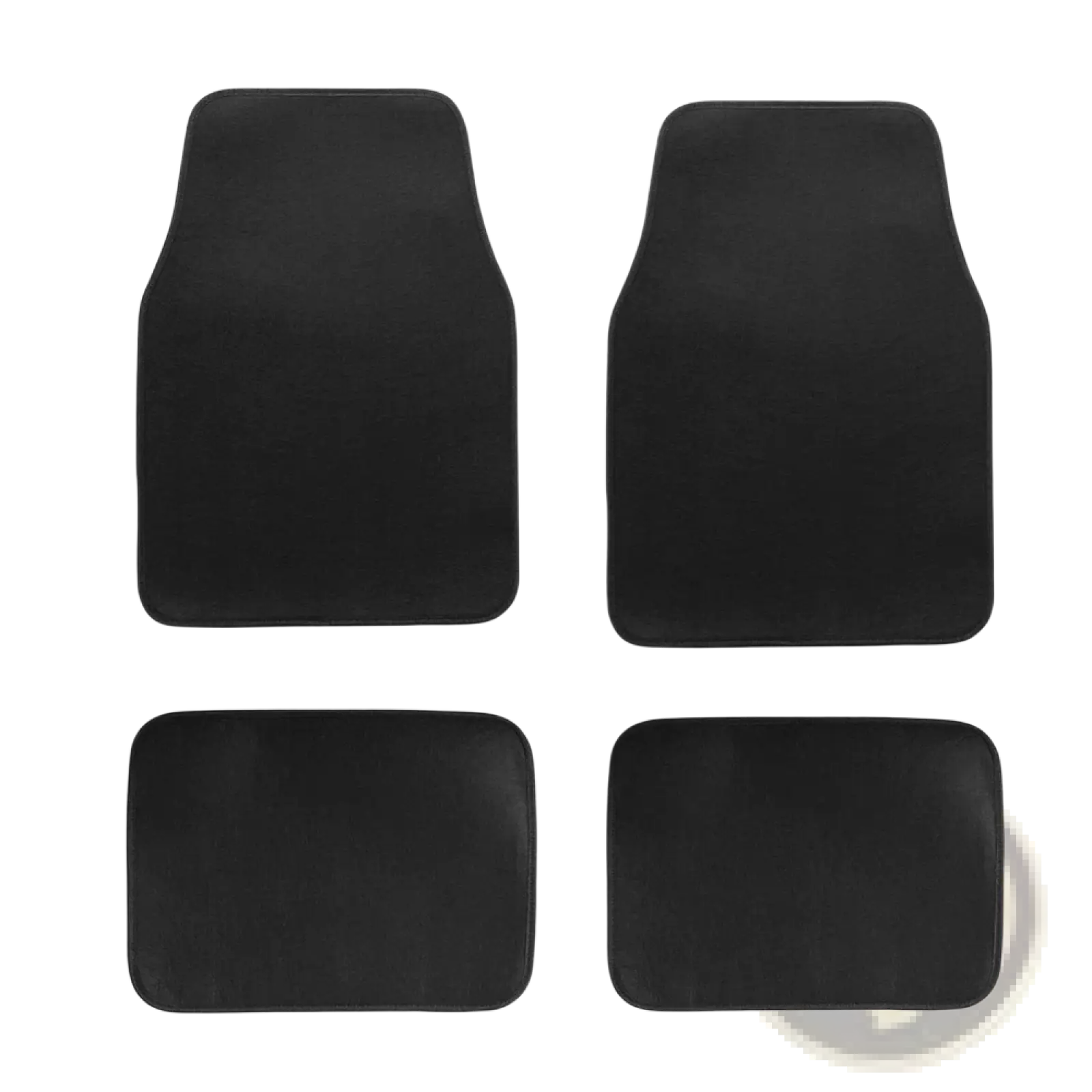 Set of four black diamond car floor mats with labeled dimensions for front and rear passenger sides