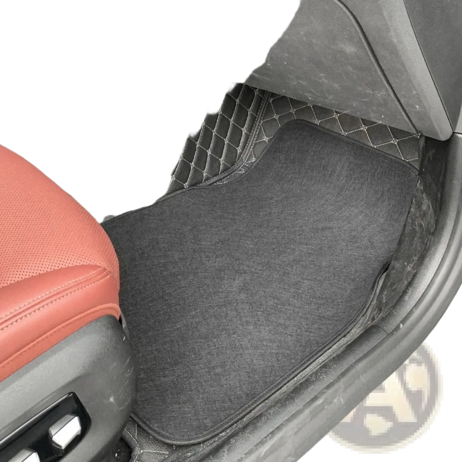 Black diamond car floor mats front and rear set with black quilted plush surface and stitched diamond edge pattern