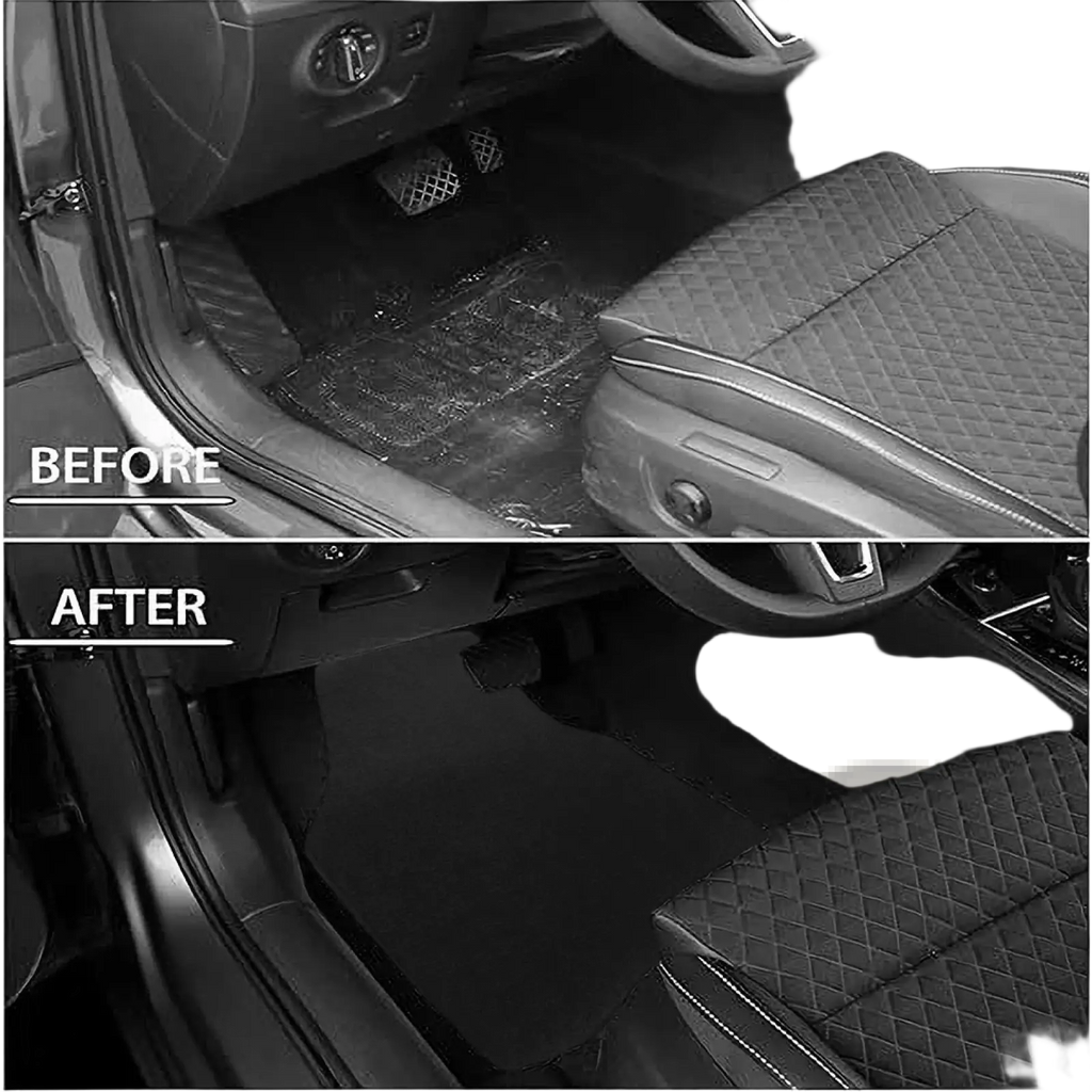 Black diamond-stitched black car floor mats front and rear set made of durable material for vehicle protection