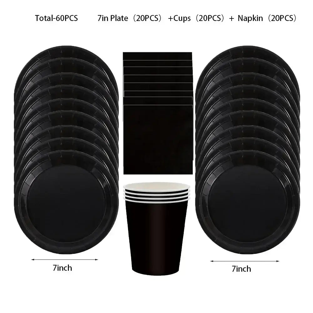 Set of 60 black disposable party plates cups and napkins for convenient tableware use at events and gatherings