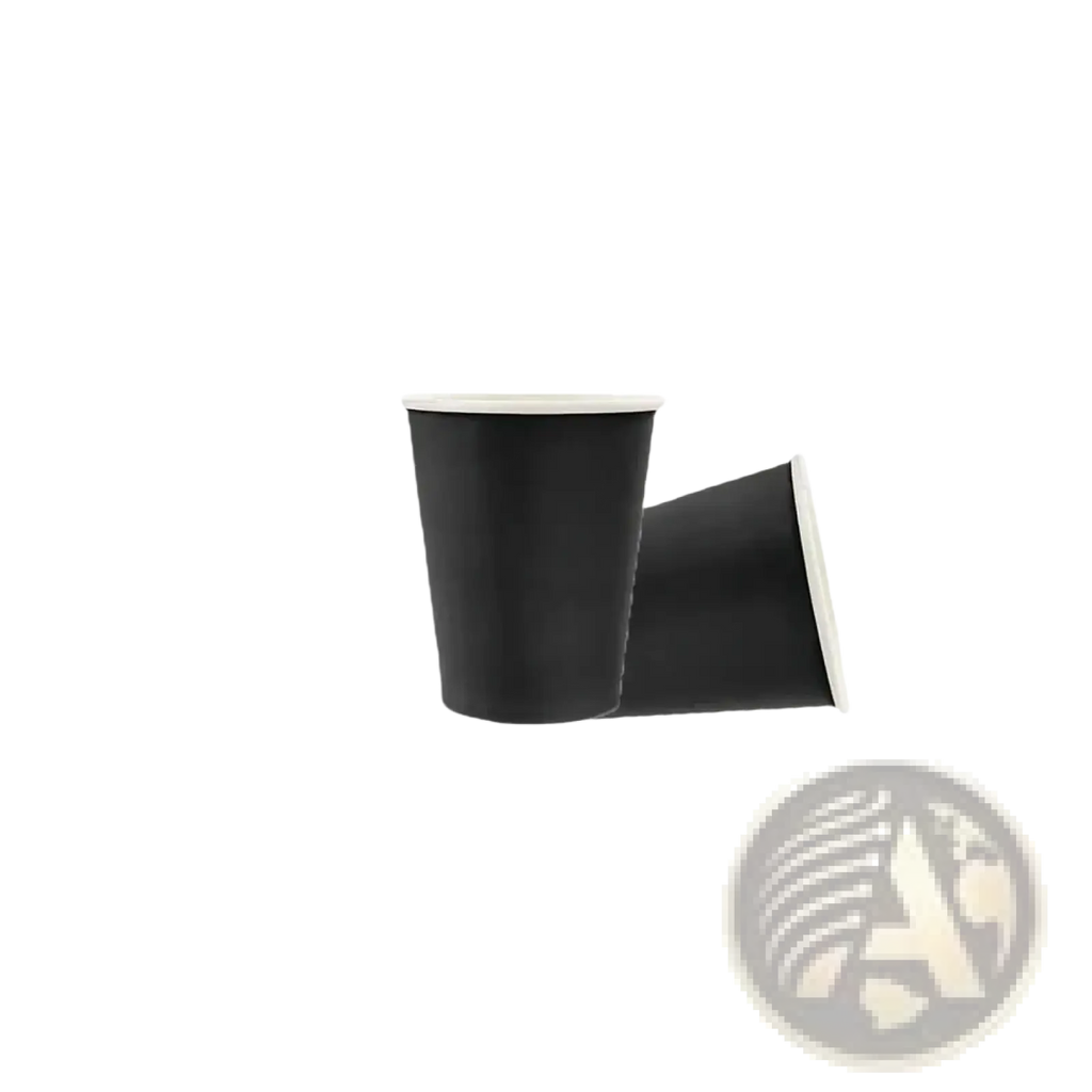Black disposable tableware party set featuring 10 black paper coffee cups with white rims for convenient use