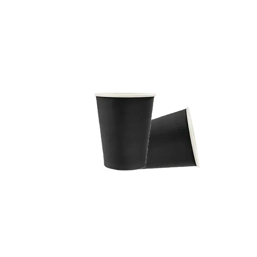 Black disposable tableware party set featuring 10 black paper coffee cups with white rims for convenient use
