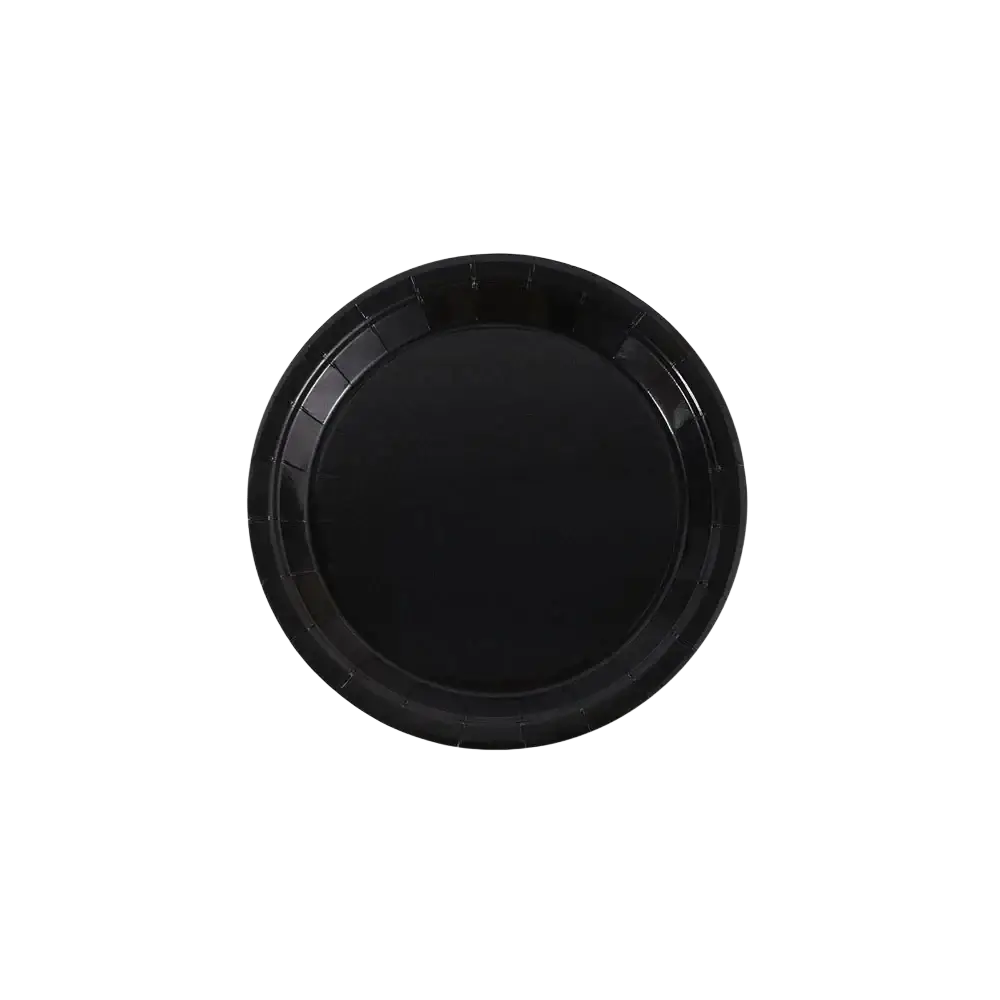 Black disposable tableware party set featuring 7 inch black paper plates ideal for casual gatherings and events