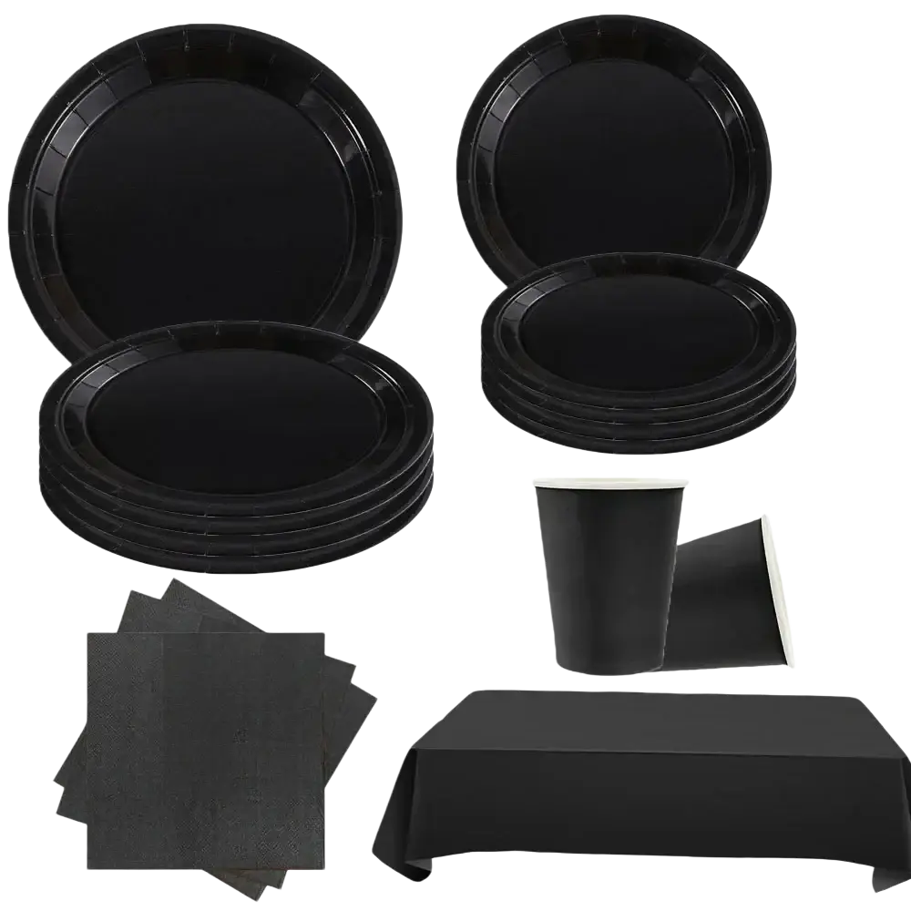 Black disposable tableware party set with paper plates, cups, napkins, and tablecloth in solid black color