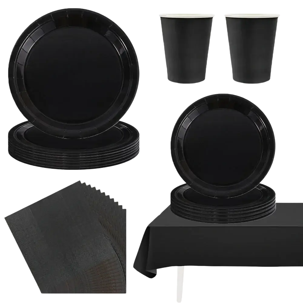 Black disposable tableware party set featuring paper plates cups and napkins in black for convenient use