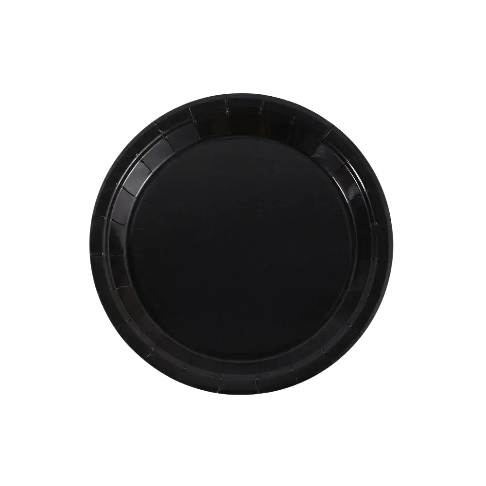 Black disposable paper plates 9 inches in diameter suitable for party tableware and events use