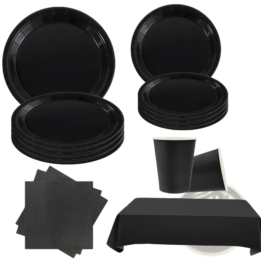 Black disposable tableware party set with paper plates, cups, napkins, and tablecloth in solid black color