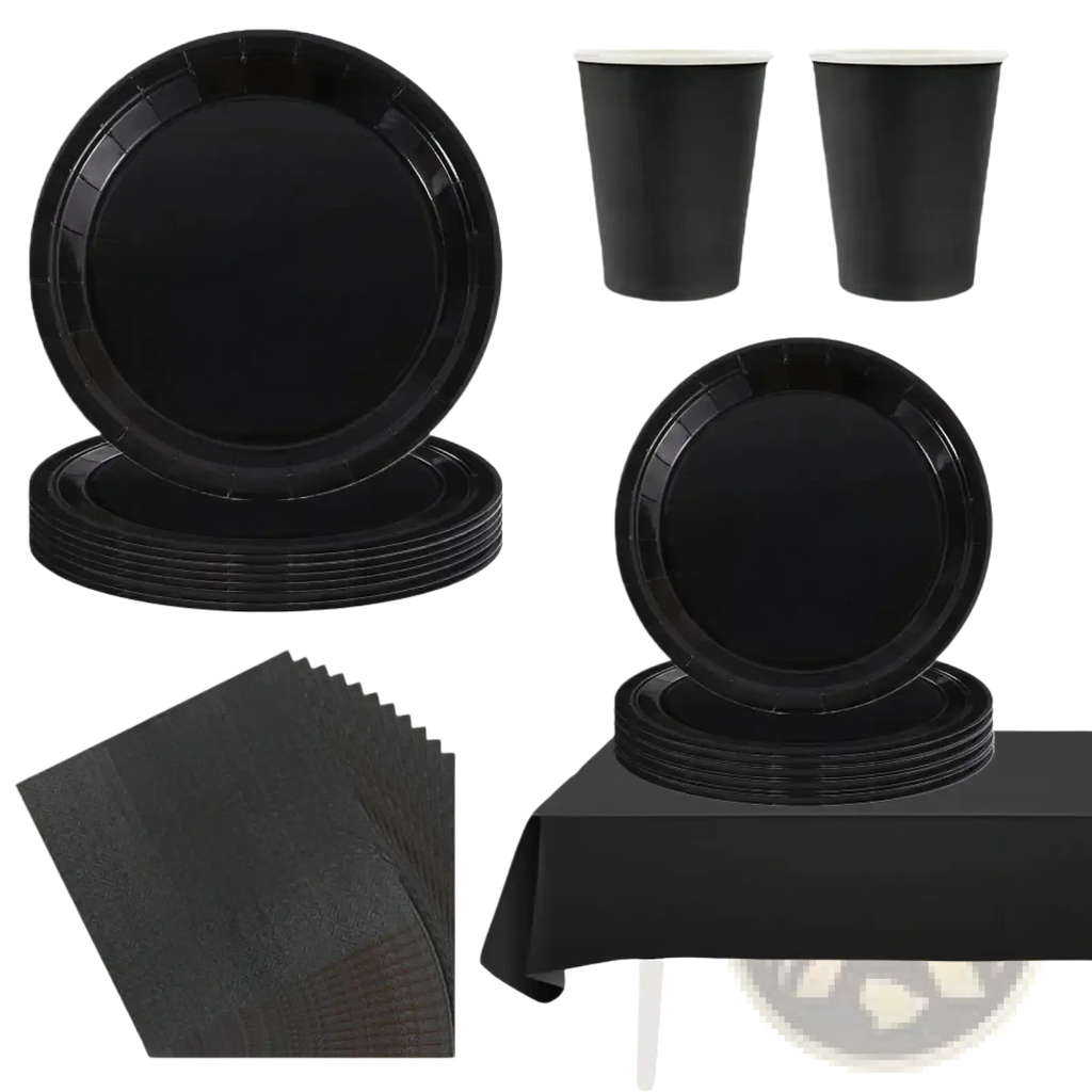 Black disposable tableware party set featuring paper plates cups and napkins in black for convenient use