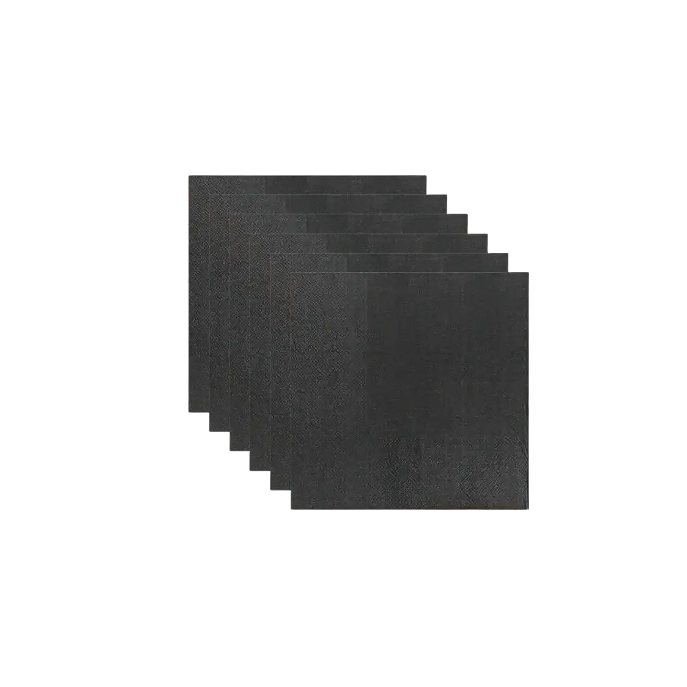 Black disposable tableware party set featuring 20 pieces of black textured square pads for serving