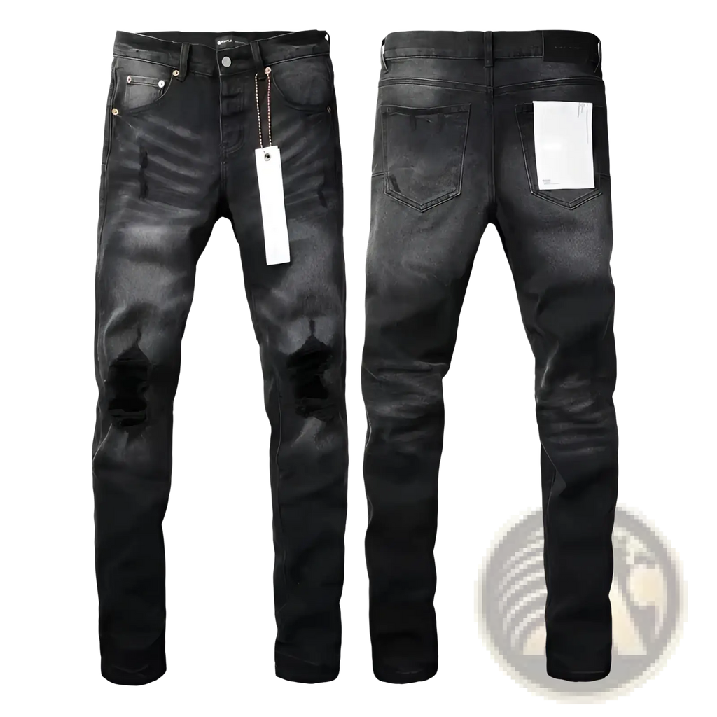 Black distressed skinny jeans with ripped knee patches made of denim for a stylish casual look