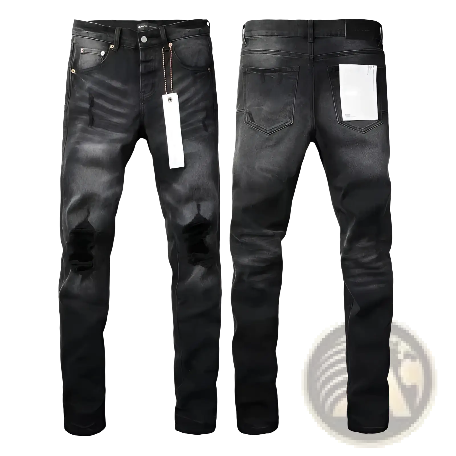 Black distressed skinny jeans with ripped knee patches made of denim for a stylish casual look