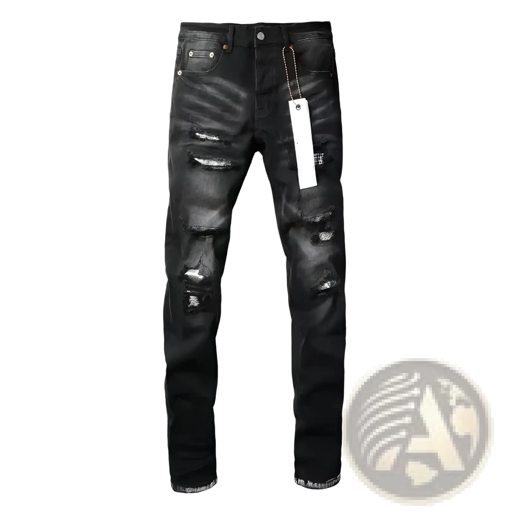 Black distressed patchwork skinny jeans made of denim with ripped knees and frayed hems