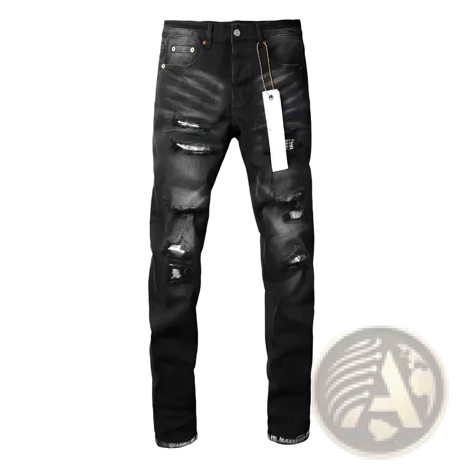 Black distressed patchwork skinny jeans made of denim with ripped knees and frayed hems