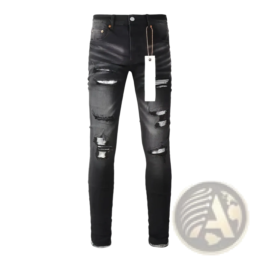 Black distressed patchwork skinny jeans featuring ripped knees and faded detailing in black denim fabric