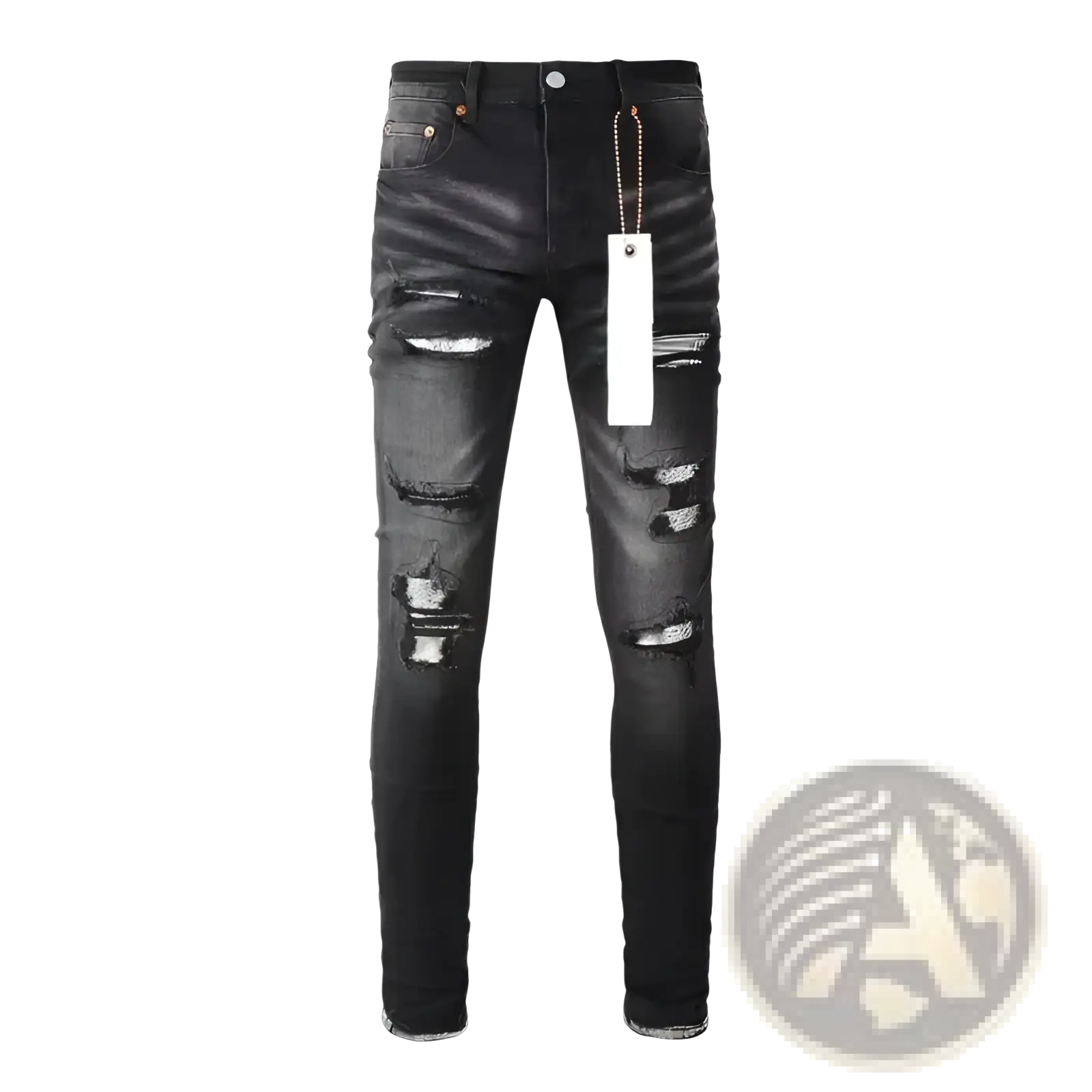 Black distressed patchwork skinny jeans featuring ripped knees and faded detailing in black denim fabric