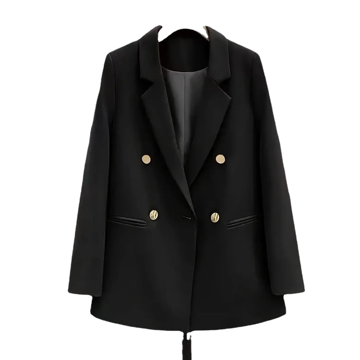 Black double-breasted blazer with gold buttons featuring a sleek tailored design in premium fabric