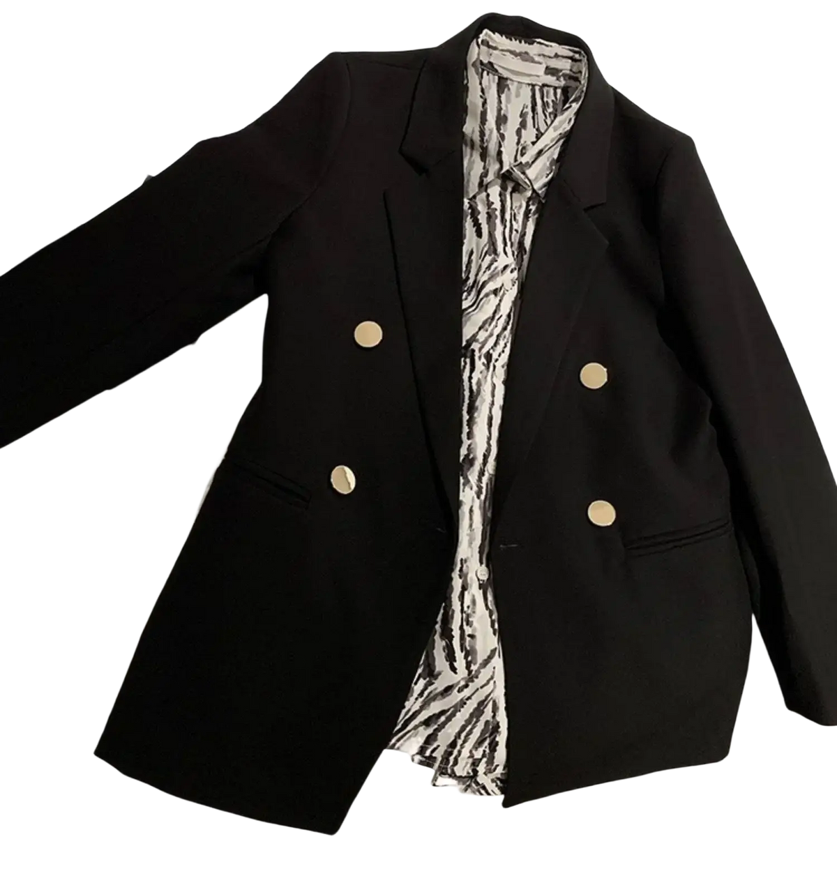 Black double-breasted blazer with gold buttons and a zebra-print inner lining for stylish formal wear