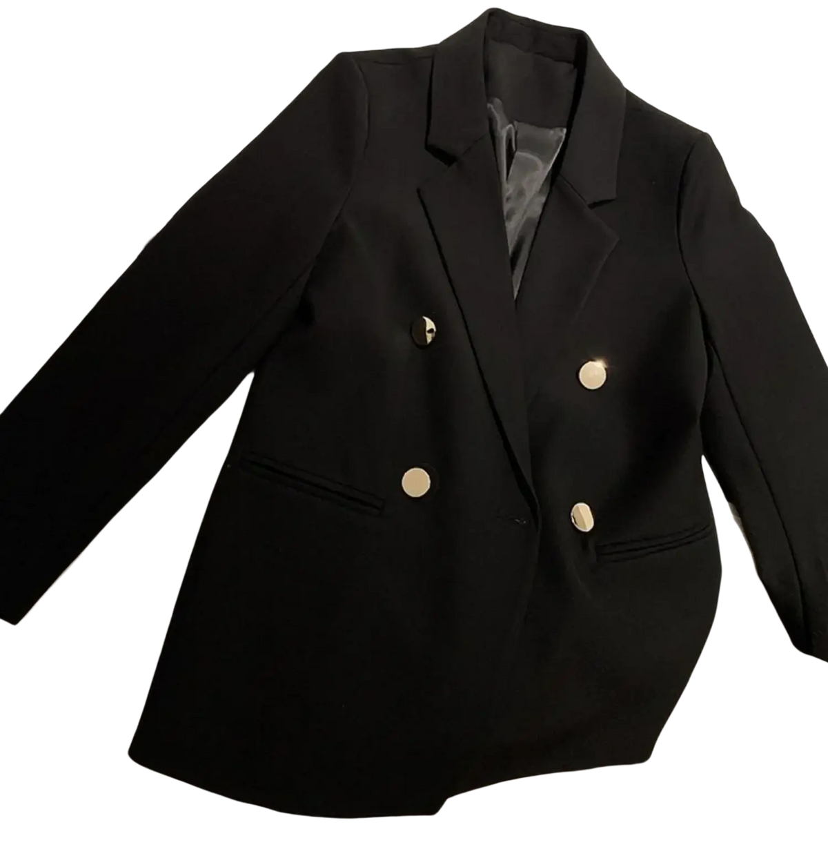 Black double-breasted blazer with gold-toned buttons and satin-lined interior for formal and professional wear