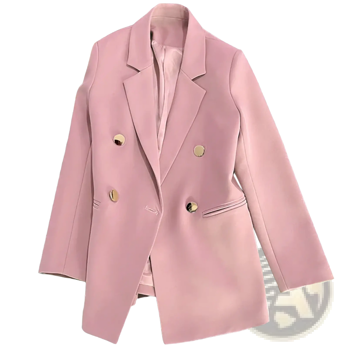 A soft pink double-breasted blazer with gold-toned buttons and a tailored design in contrast to a black option