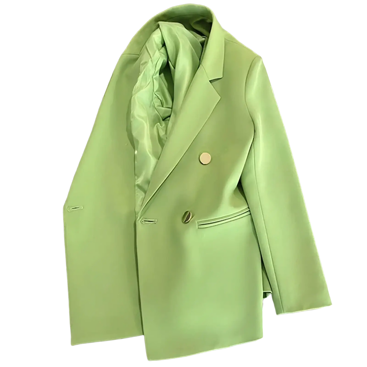 A sleek lime green satin double-breasted blazer with gold-toned buttons contrasting the black product title