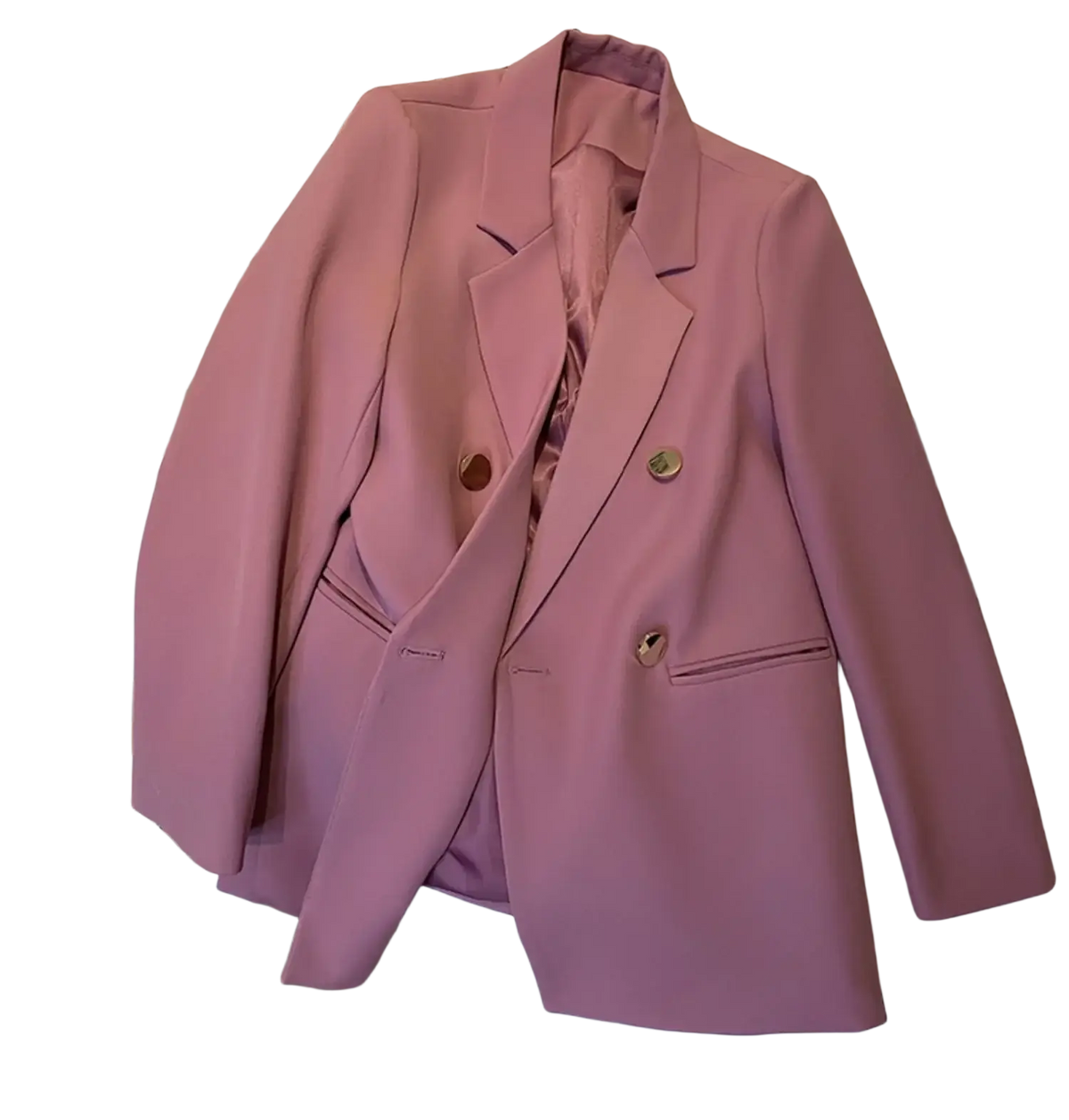 A soft pink double-breasted blazer with gold-toned buttons featuring a sleek tailored design