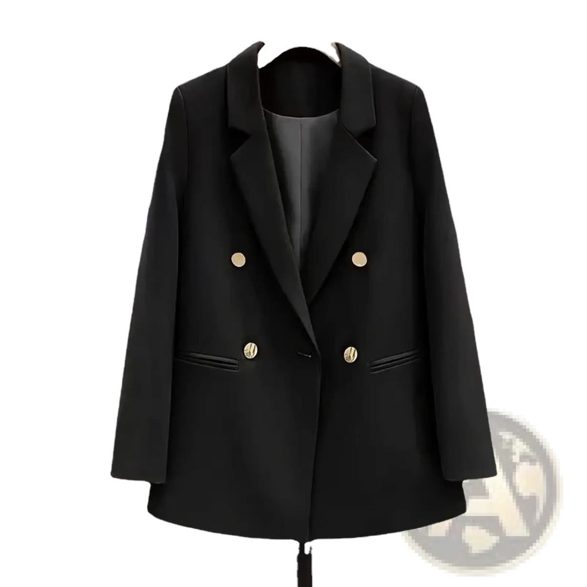 Black double-breasted blazer with gold buttons featuring a sleek tailored design in premium fabric