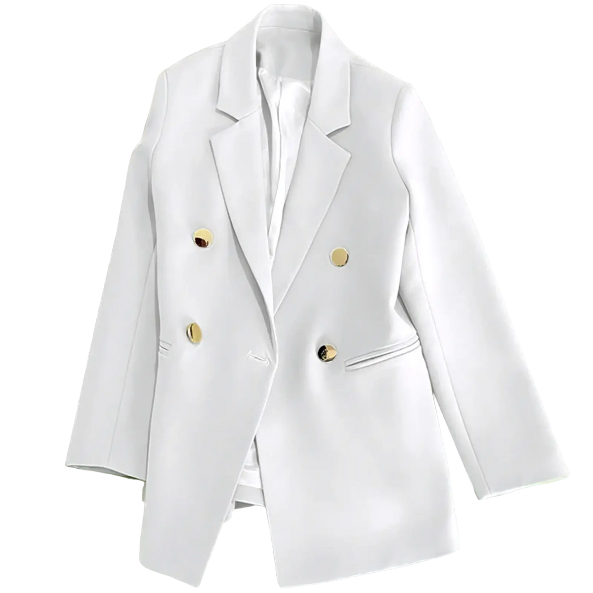 White double-breasted blazer with gold-toned buttons contrasting with black double-breasted blazer product title