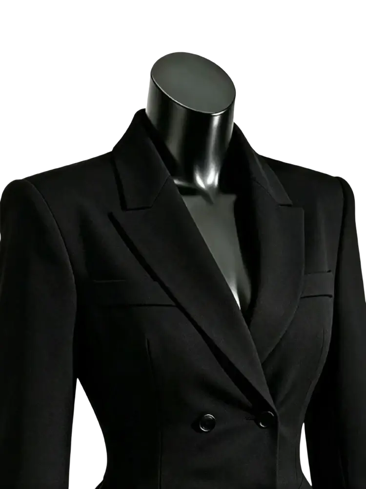 Black double breasted peplum blazer with structured shoulders and notched lapels in classic black fabric