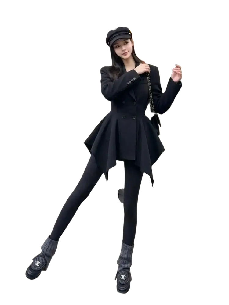 Black double breasted peplum blazer featuring a flared hem and asymmetrical cut for a stylish formal look