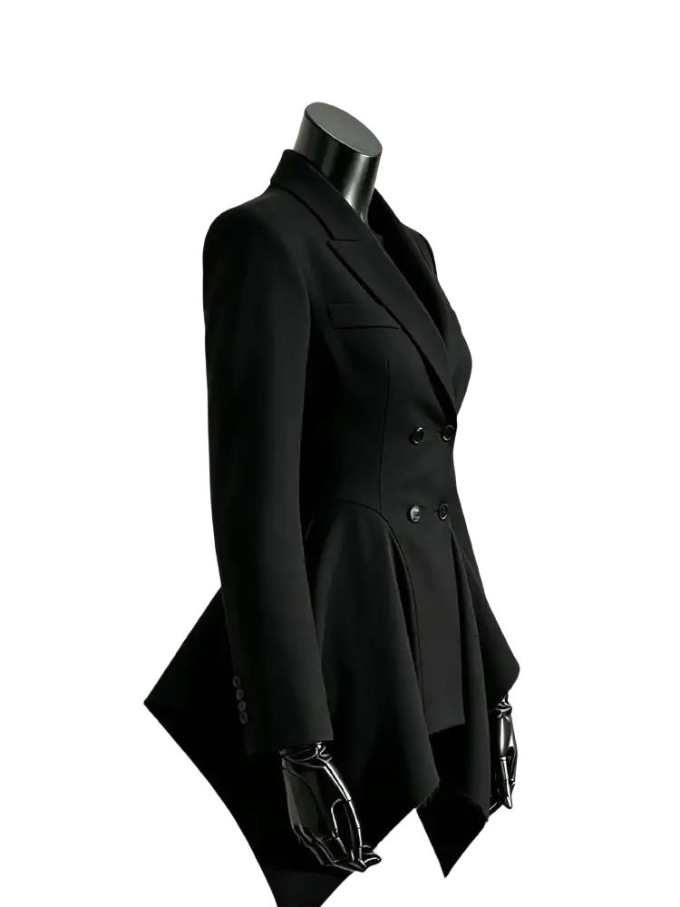 Black double breasted peplum blazer with a flared hem and sleek tailored fit in a polished design