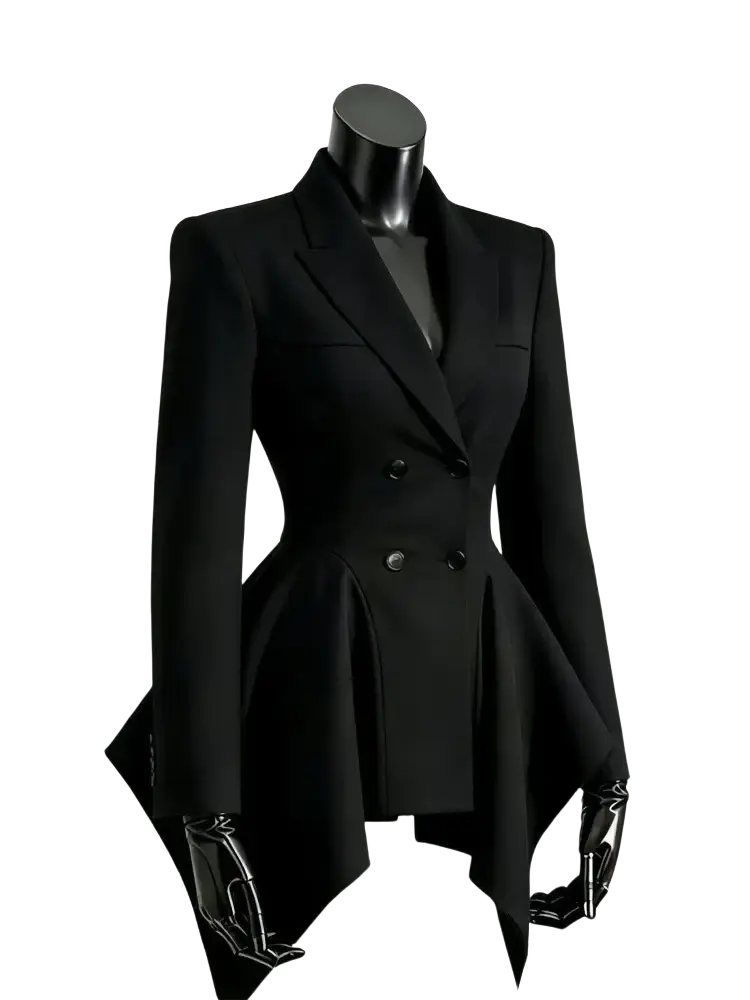 Black double breasted blazer with peplum hem and structured shoulders in a tailored design for formal wear
