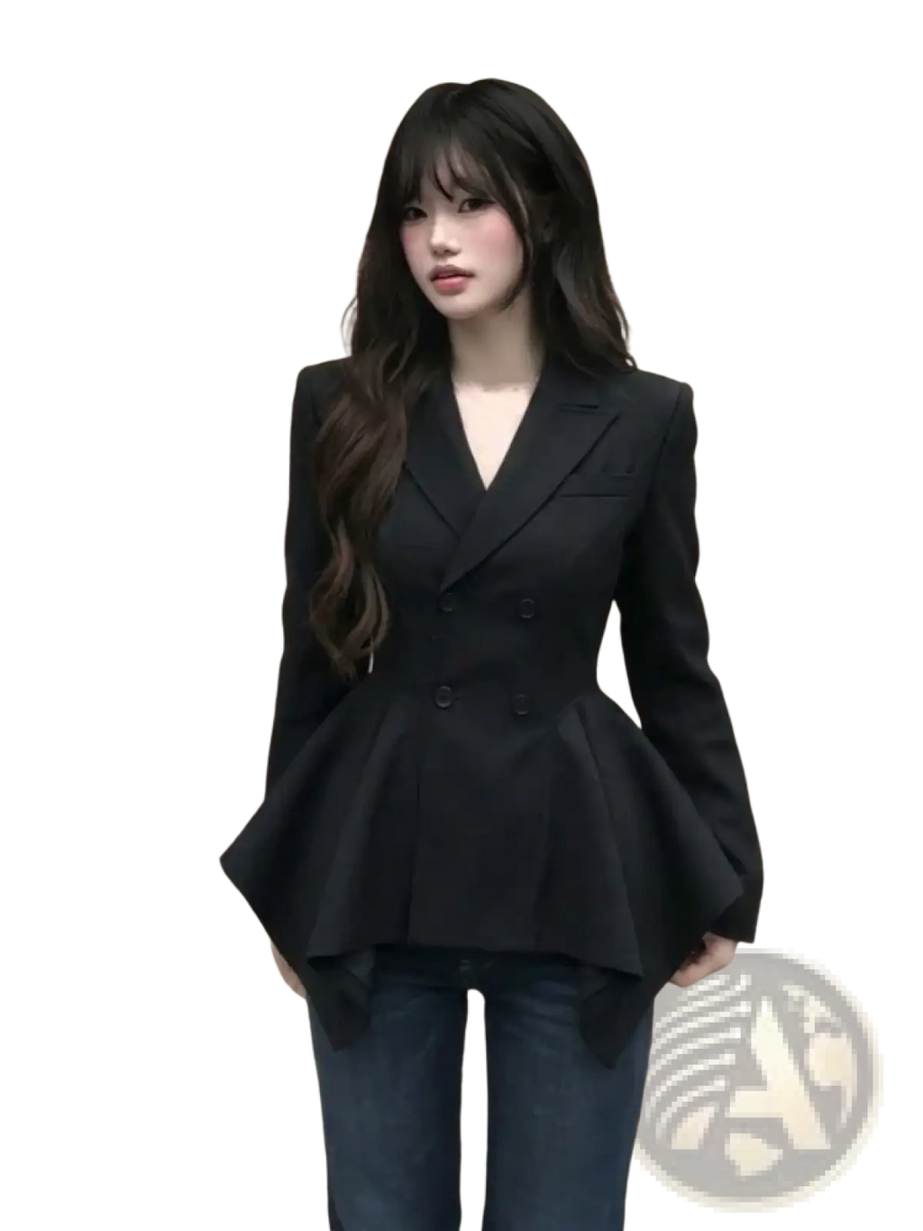 Black double breasted peplum blazer in tailored fabric showcasing a stylish and structured silhouette for formal wear