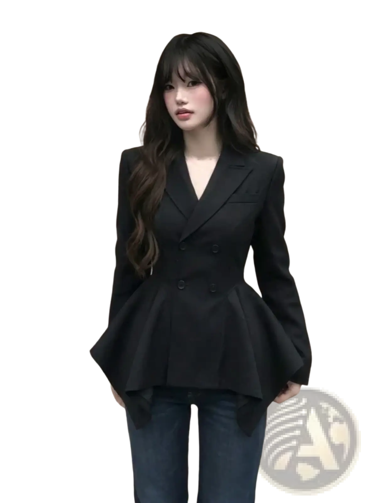 Black double breasted peplum blazer in tailored fabric showcasing a stylish and structured silhouette for formal wear